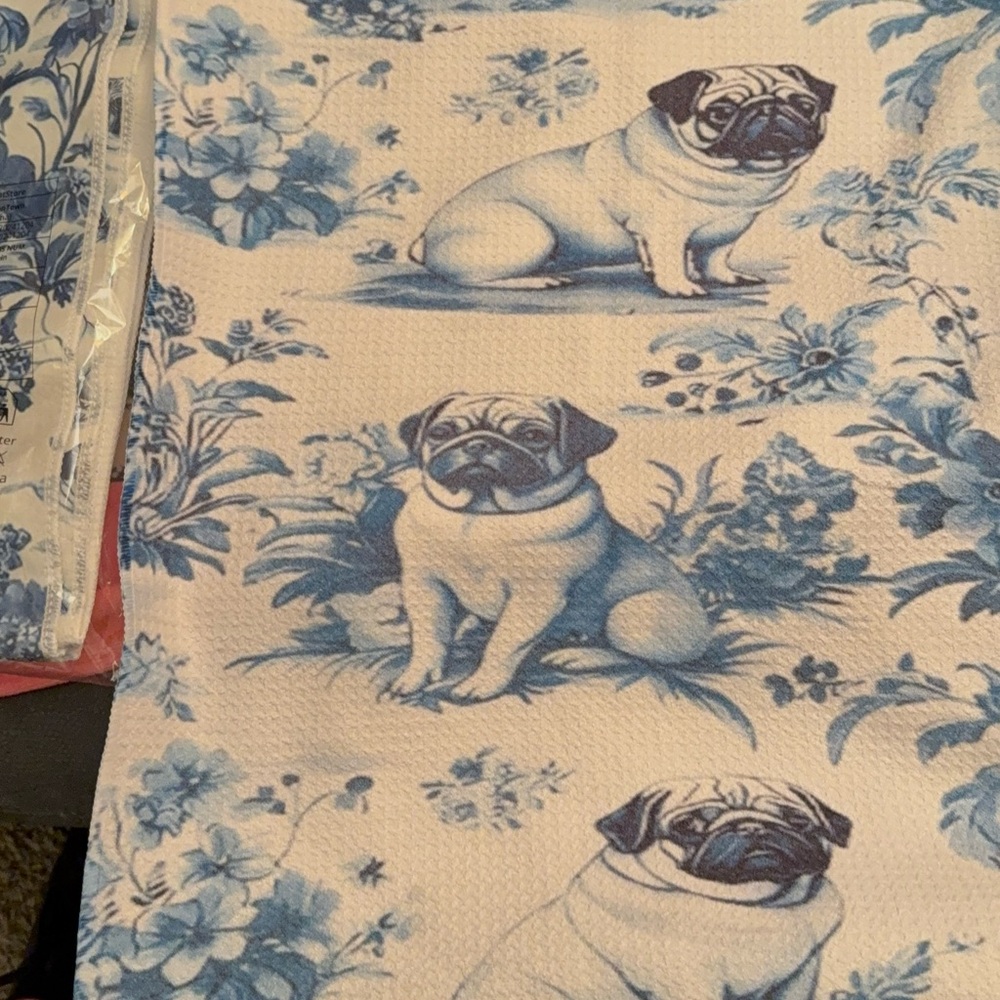 Blue and White Pug Print Fabric